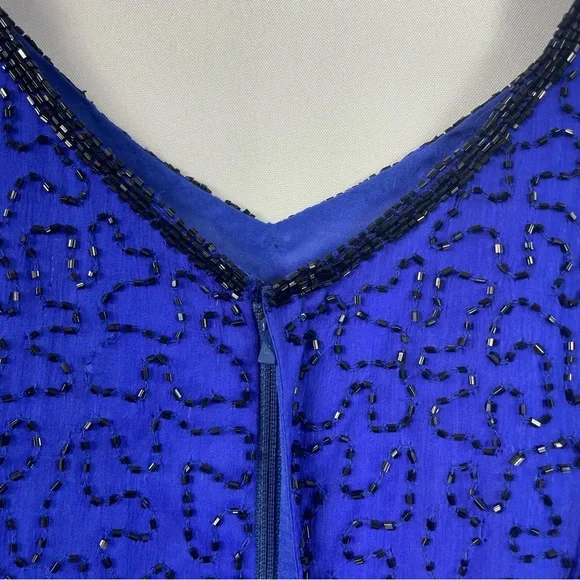NWT Shalimar Silk Beaded Gown Med Blue Dress Evening Glam Artsy Elegant Maxi 90s